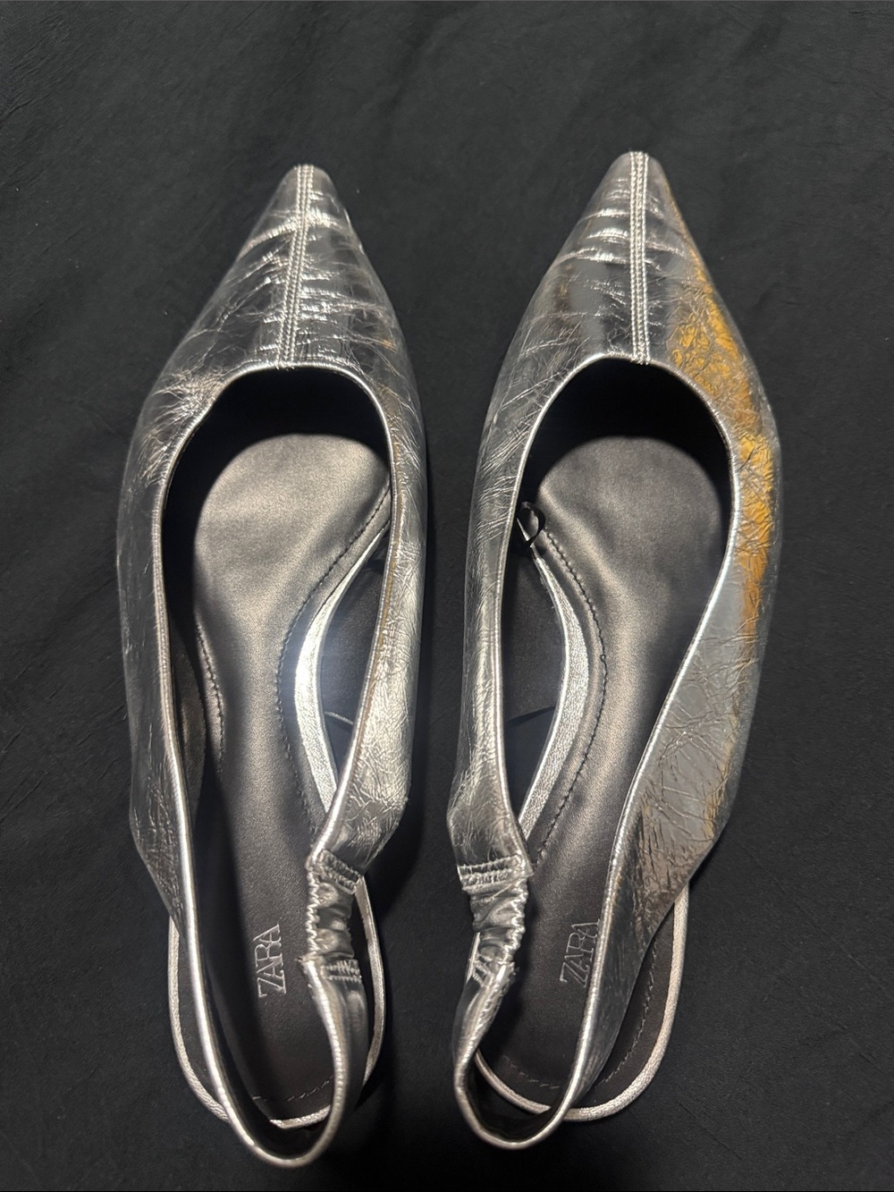 ZARA Metallic Silver Pointed Slingback Flats